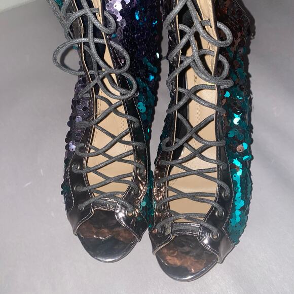 Chase + Chloe purple teal bronze Sequin Thigh High Lace Up Boots 9 Back Zip rave - Picture 4 of 14